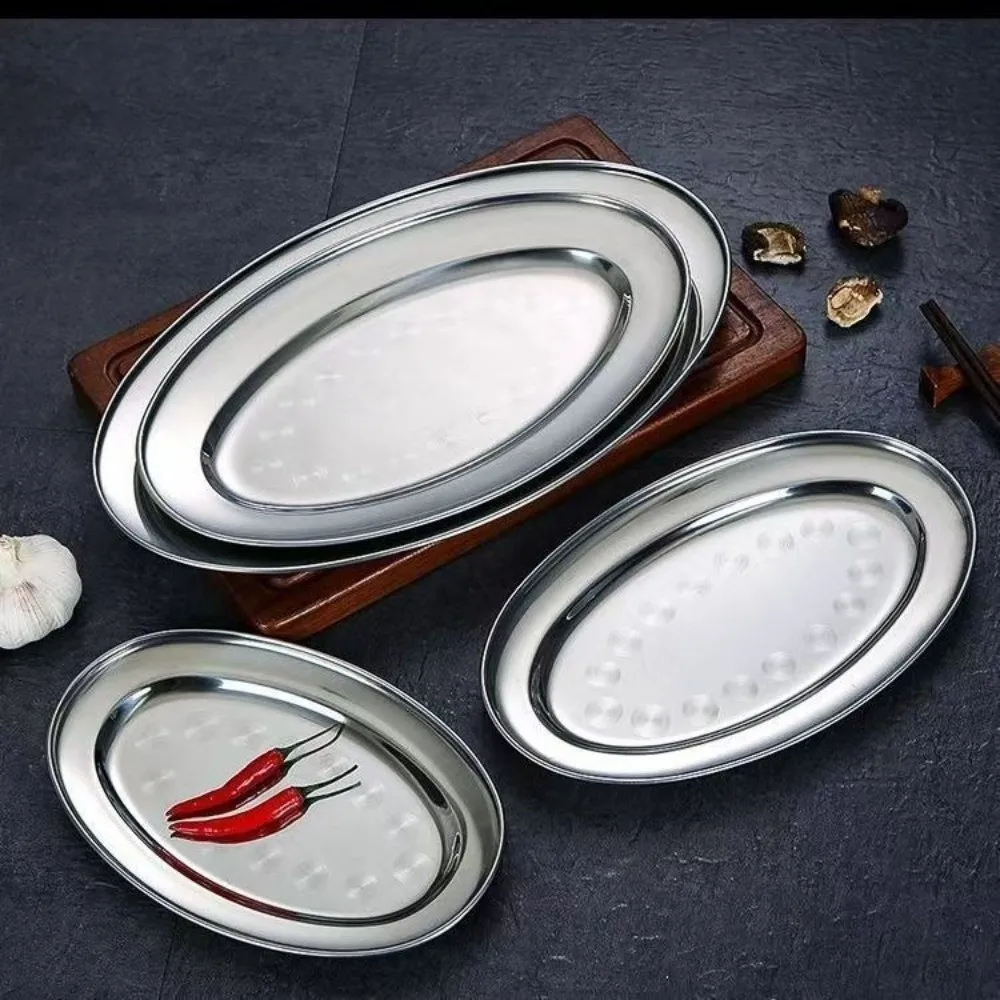 Stainless Steel Oval Fish Plates Shallow Design Multi-Size Barbecue Trays Oval Shape 22-35cm Diameter Steak Dishes Barbecue Use