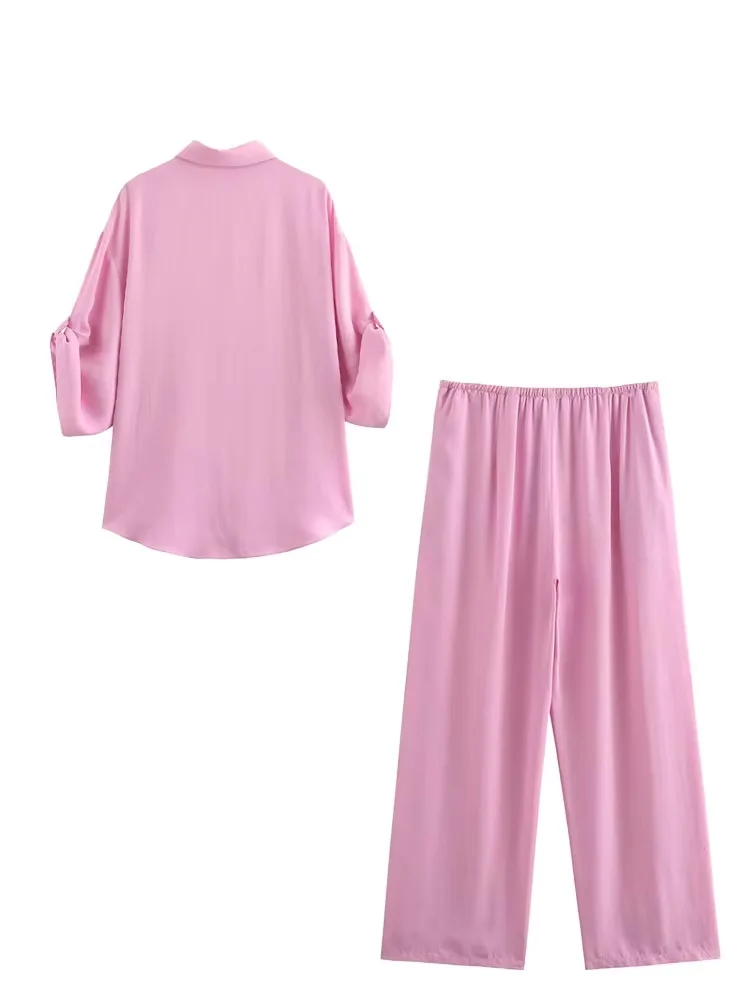 HH Women\'s Set Pink Turn Down Coller Half Sleeves Single Breasted Shirts+Mid-Waist Lace-Up Wide Leg Pants Women Fashion Suit