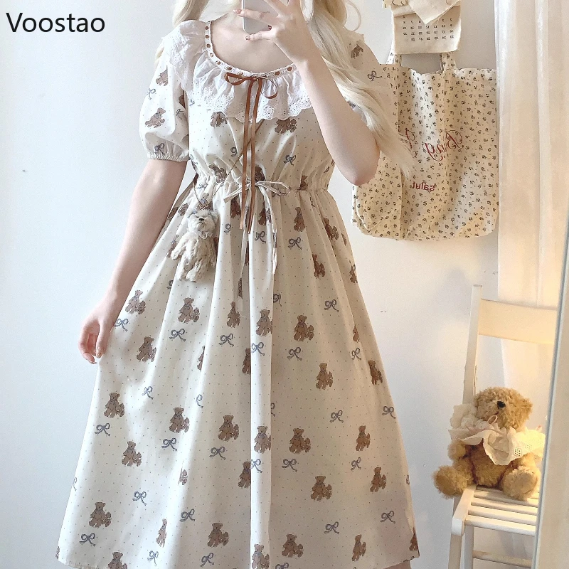 

Vintage Sweet Lolita Style Dress Women Kawaii Cartoon Little Bear Print Party Dress Japanese Girl Harajuku Y2k Lace Ruffle Dress