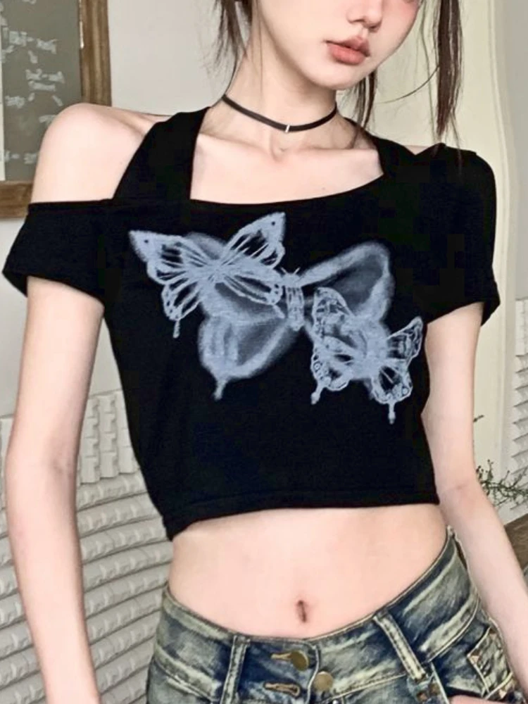 Black Sexy Fashion Crop Top Women Hang Neck Korean Vintage Slim Tees Female Backless Designer Casual Short Sleeve Tops 2023 New