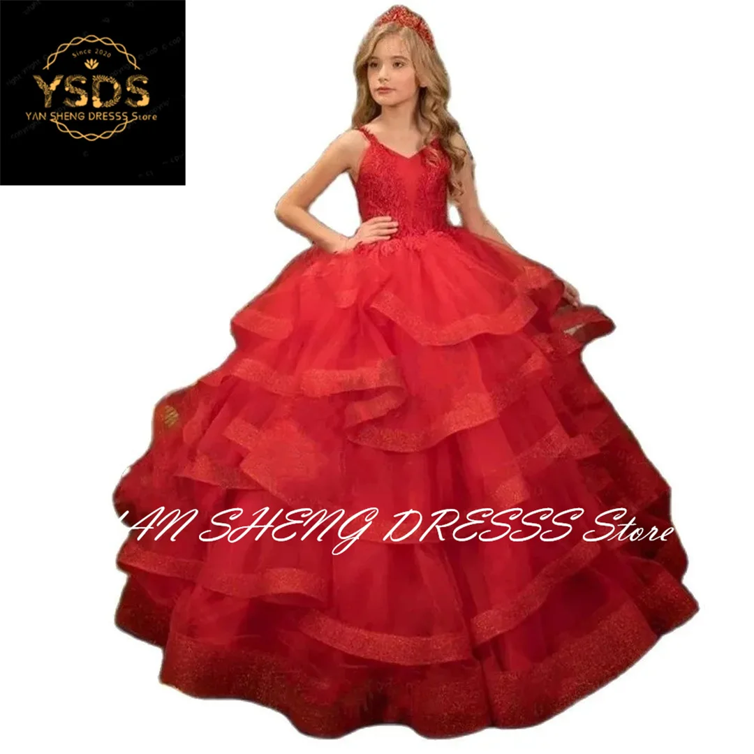 Red Ruffles Flower Girl Dresses Thin Shoulder Straps Tiered Appliques Sleeveless V-neck Communion Birthday Wedding Customised