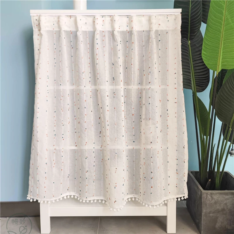 Korean Romantic Rainbow Pom-pom Embroidered Sheer Short Curtain Hook Top Dustproof Partition Tulle Curtain For Cabinet Wardrobes