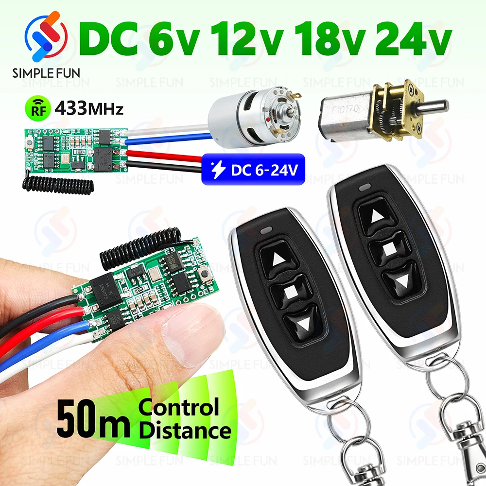 433MHz DC Mini Motor Wireless Switch DC 6V 12V 18V 24V Mini Motor Controller,50m Transmitter,for Motor Forwards Reverse Stop/DIY