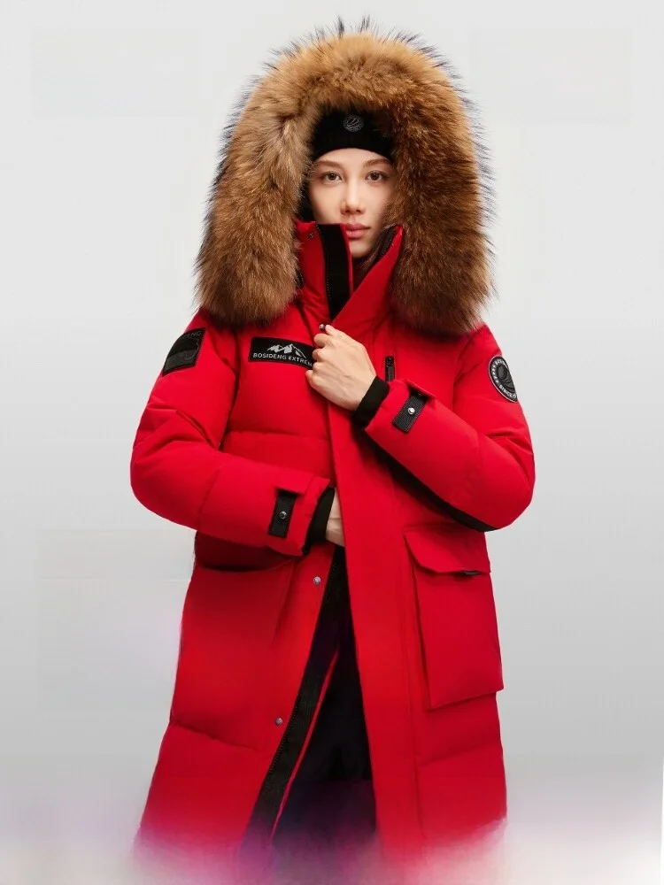 

Bosideng Red New Year Women's Long down Jacket 90 Goose down Large Fur Collar Wedding Over-Knee Warm Outdoor Polyester Fiber