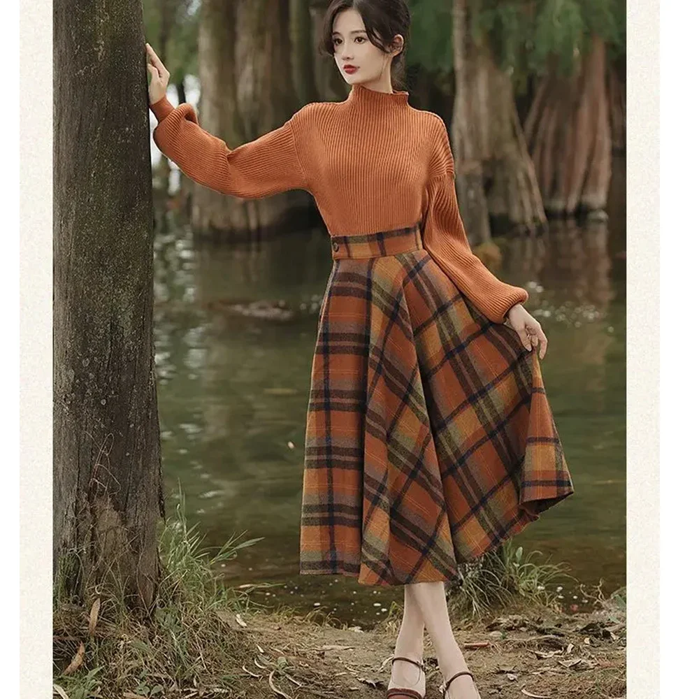 Falls Retro Style Women's Puff Sleeve Sweater Plaid Midi Skirts Sets Lady Graceful Autumn Knit Tops High Waist Wool Skirt Outfit