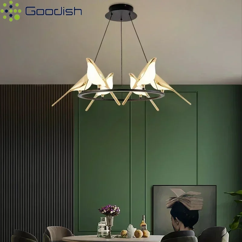 Modern Luxury Nordic Golden Circular Bird Ring LED Pendant Lights Art Creative Lamps for Living Room Home Decoration Chandelier
