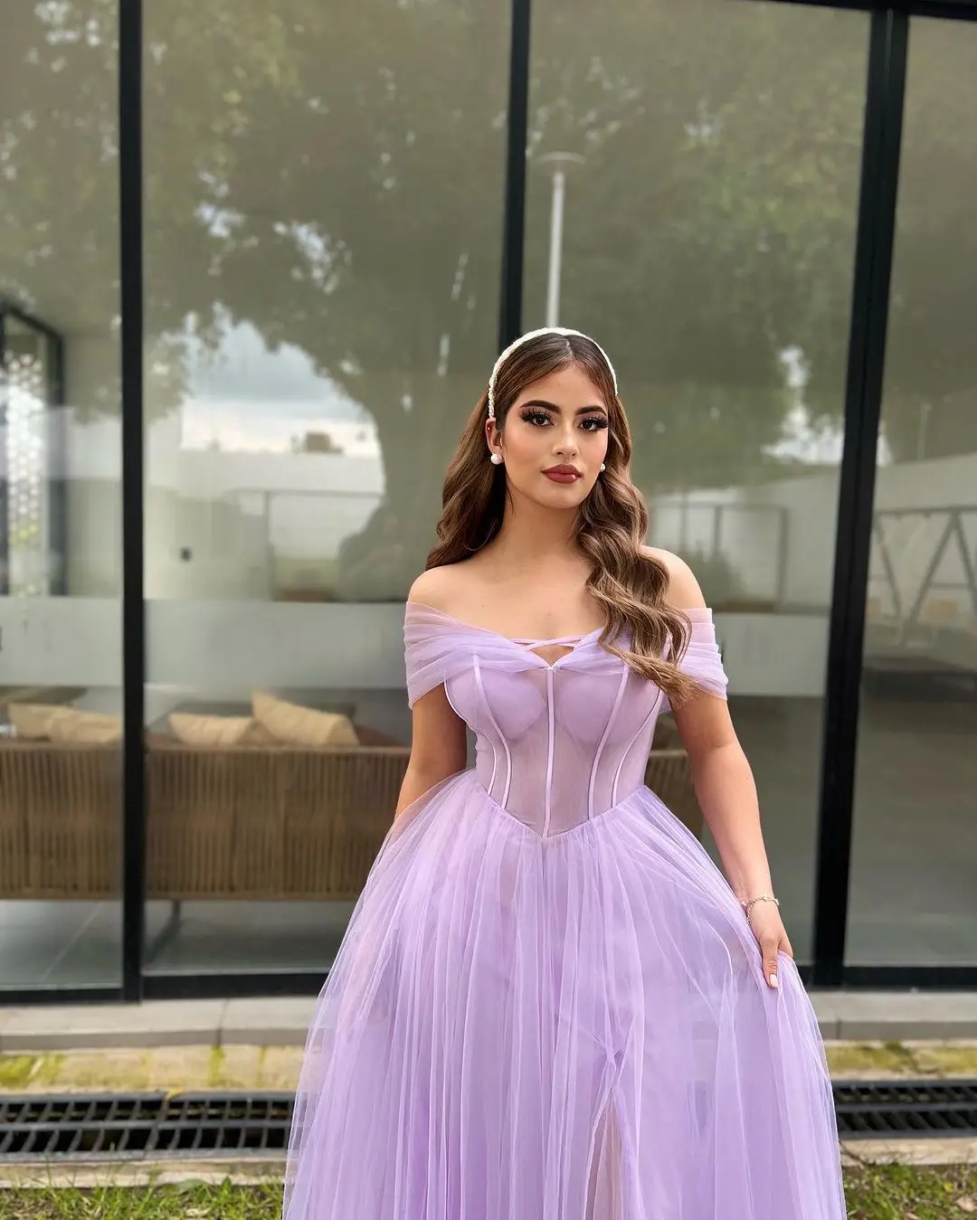 

Sapmae Off-the-shoulder A-line Tulle Floor-length LaceUp Vent Purple Princess Elegant Prom Formal Evenning Party Dress For Women