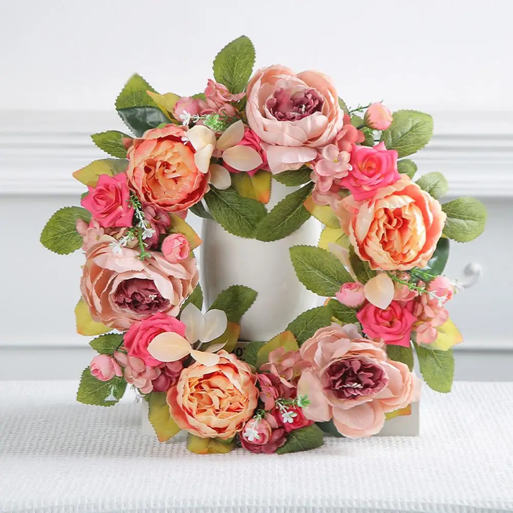 YOUZI 15.75inch Artificial Peony Flower Wreath Wall Hanging Simulation Garland For Front Door Wall Window Decor