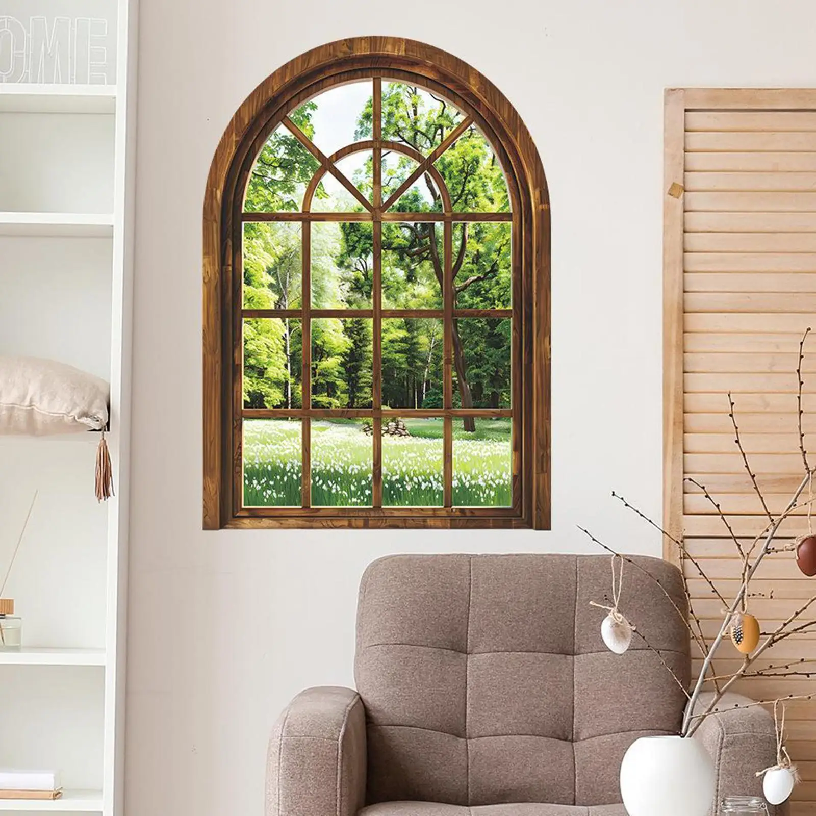 

Faux Window Wall Sticker Decal Art Mural Self Adhesion Sticker PVC Wallpaper Green Plants Landscape for Office Door Playroom