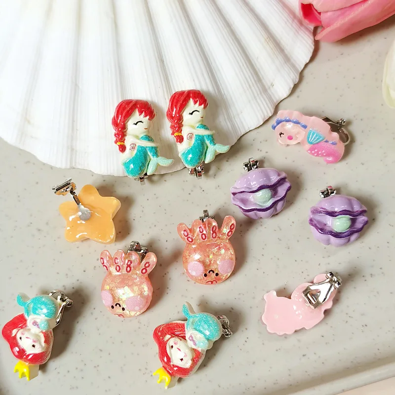 6PRS Gift for Children Non Piercing Girls Kids Earrings Mixed Cute Mermaid Rainbow Butterfly Clip on Earring