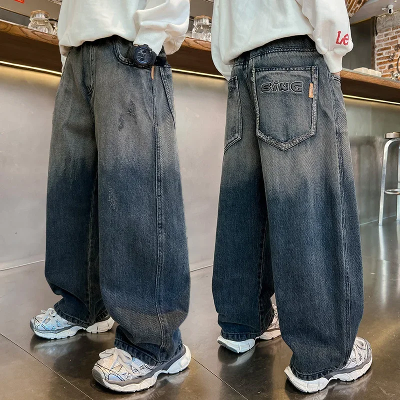 

New Boys Jeans Teenagers Children Wide Leg Denim Pants for Kids Loose Pockets Trousers Spring Autumn 4 6 8 10 11 12 13 14 Years