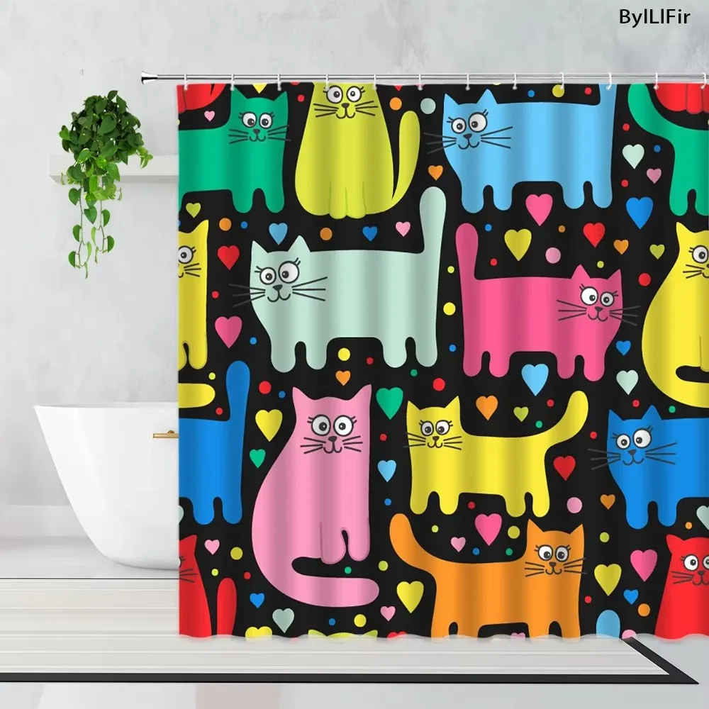 Cartoon Black White Cat Head Paw Galaxy Sketch Shower Curtain Cute Kitten Line Drawing Print Waterproof Fabric Bathroom Curtain