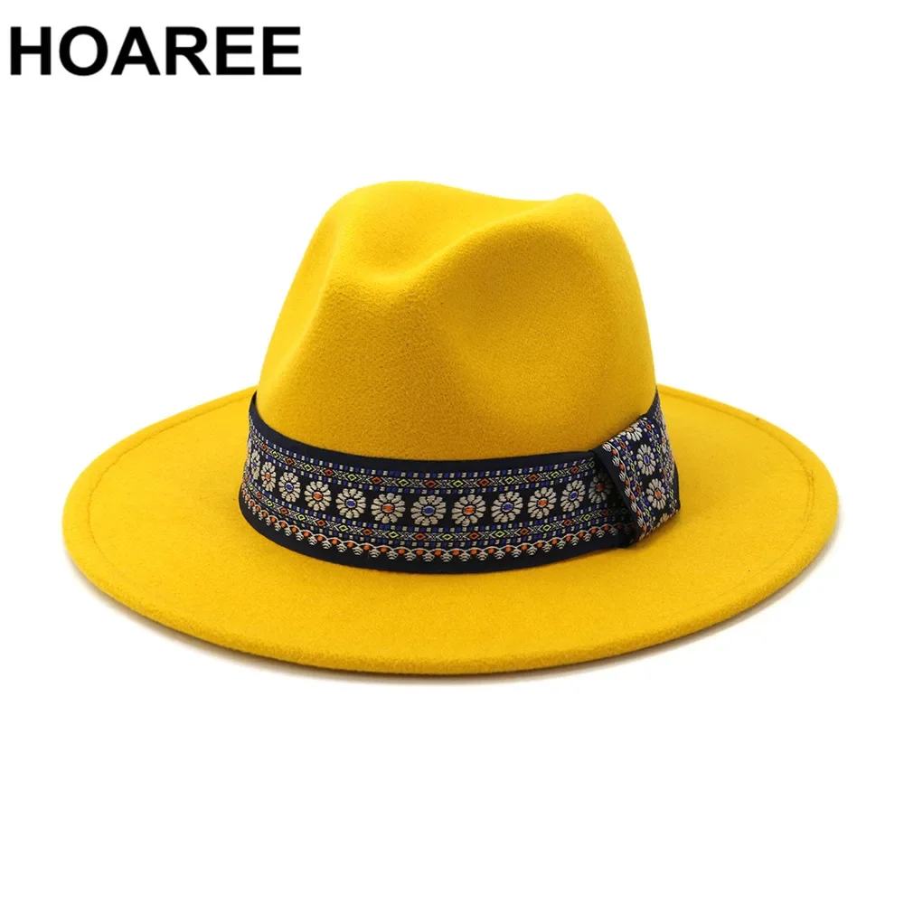 

Желтая фетровая шляпа-федора из шерсти для женщин и мужчин, широкополая, в британском стиле, с цветочным поясом, осенне-зимняя, новая