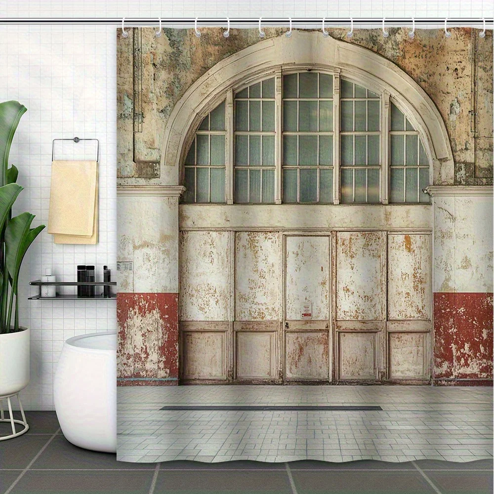 1pc Vintage Old Arch Door Curtain-Quaint Wooden Door with Faded Paint and Brick, Nostalgic Architectural Landscape, Polyester