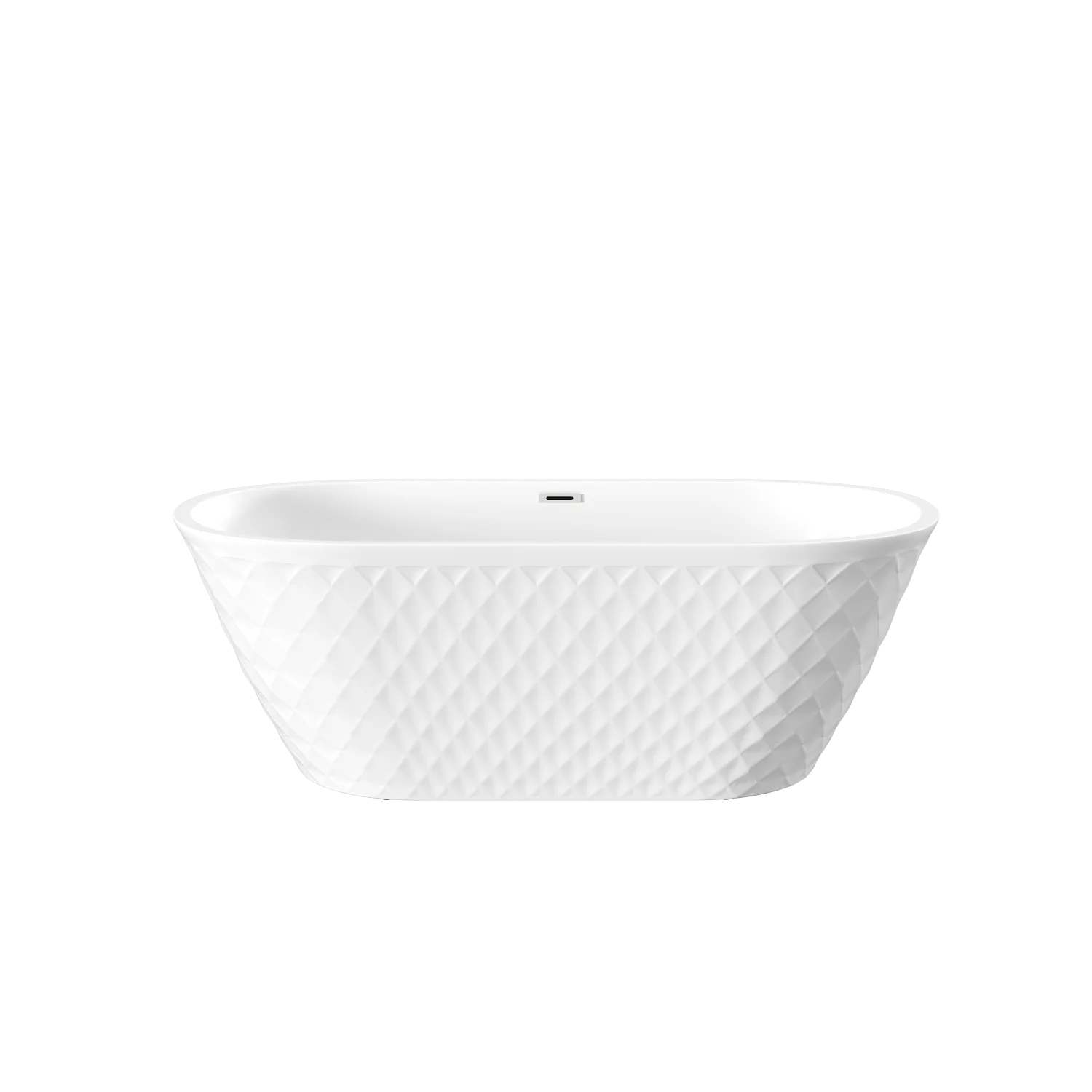 67'' acrylic freestanding bathtub with unique diamond pattern design  spacious oval shape, Gloss white finish, Chrome overflow a