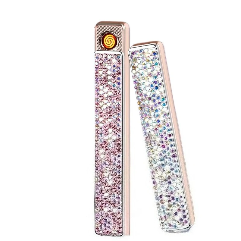 Mini Cute Diamond USB Lighter Outdoor Windproof Compact Electric Lighter Flameless Lighter Women's Fashionable Smoking Gift