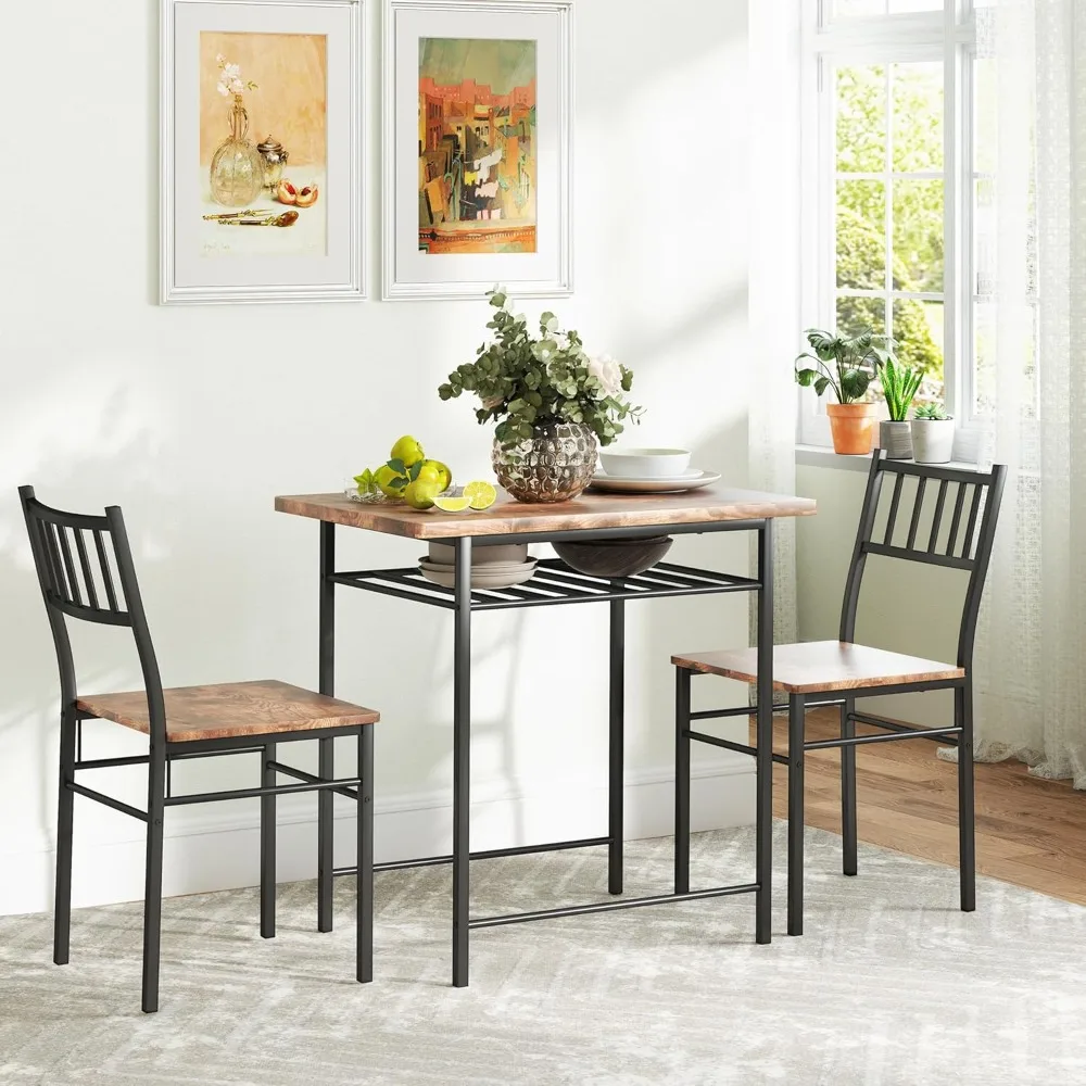 3-Piece Dining Table Set for 2, Small Kitchen Table and Chairs with Built-in Storage Rack and Steel Frame, for Breakfast Nook
