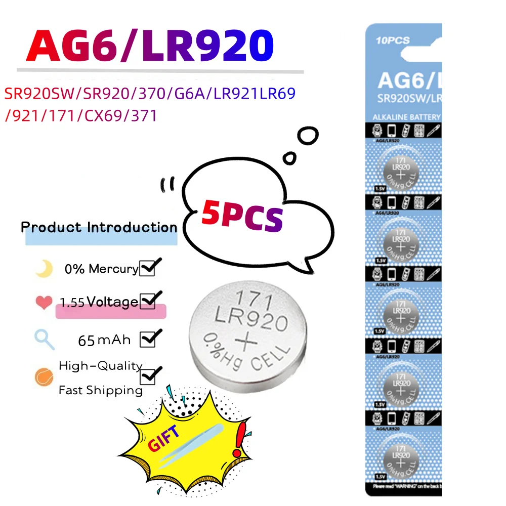 2-10PCS 1.55V AG6 65mAh 371 Knop Batterijen SR920SW LR920 SR927 171 370 L921 LR69 SR920 Voor Horloge Speelgoed Afstandsbediening Munt Beslag