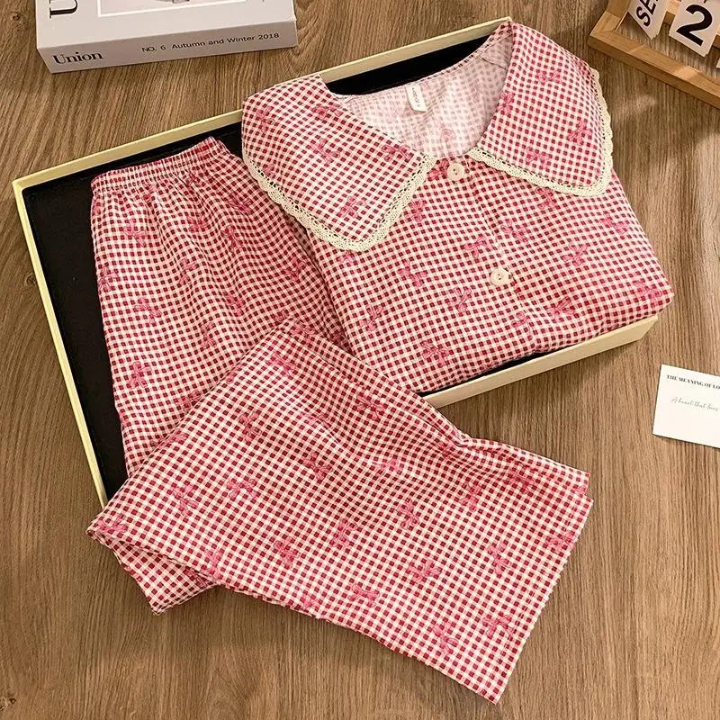 Women's New Doll Collar Long Sleeved Pant Home Suit Set Women's Spring Autumn Pajama Student Sweet Cotton Princess Two-Piece Set