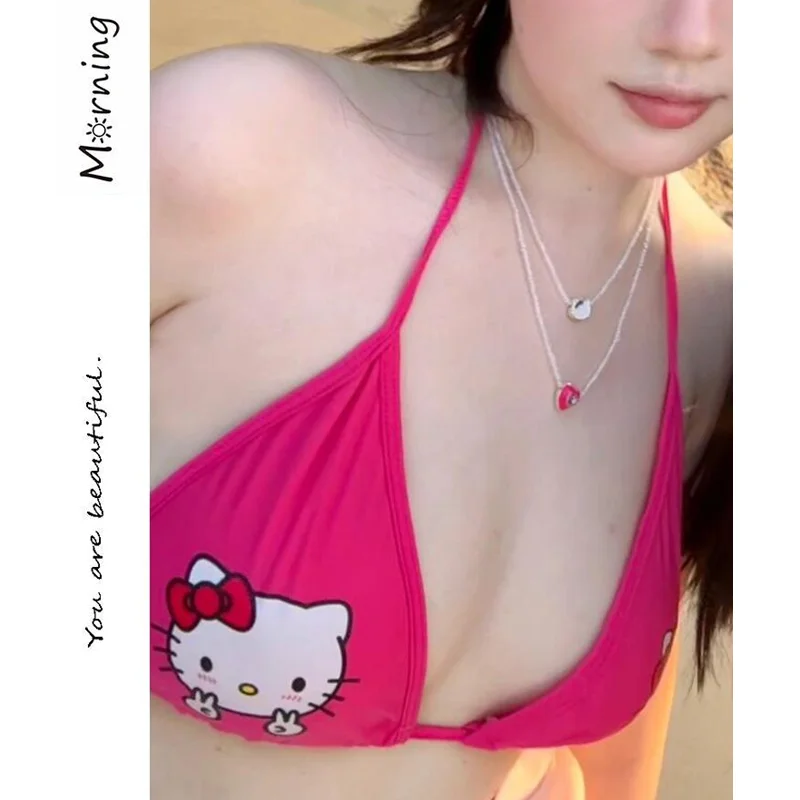 Sanrio Hello Kitty swimwear Sexy 3-point Bikini Set Cartoon Women Bra Set Underwear Summer Beach swimsuit Side Strappy Panties