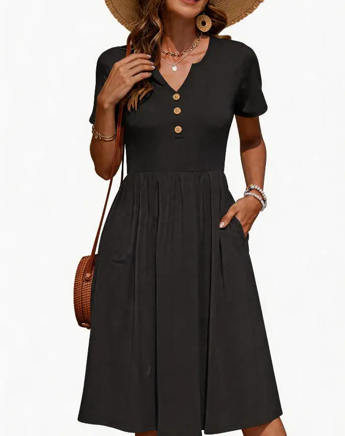 Plus-Size Damen Elastisches Midikleid mit V-Ausschnitt, Knopfverzierung, Kurzen Ärmeln, Lässiges A-Linien-Kleid mit Taschen für Damen – Detail 8