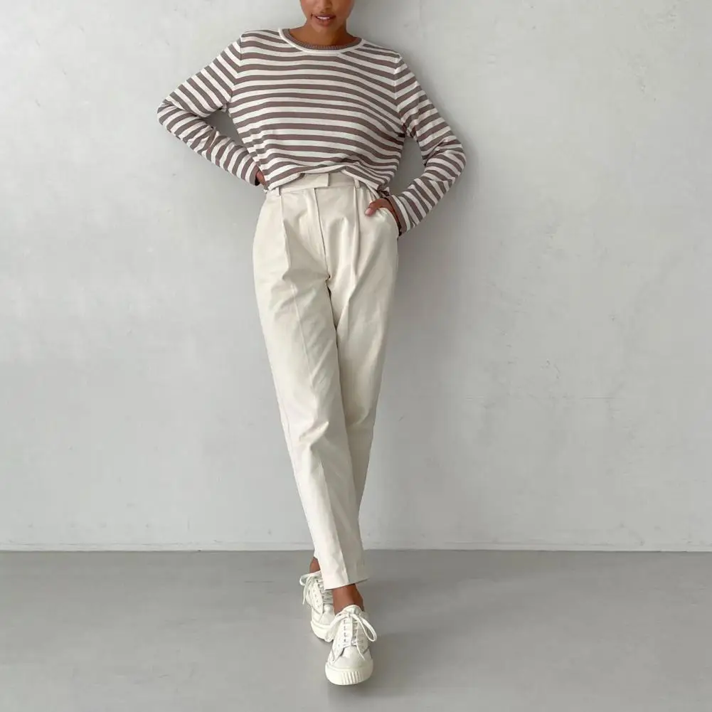 Striped Print Knitting Tops Striped Print Sweater Loose Fit Women's Top for Daily Wear with Retro Knitting Design Stretchy