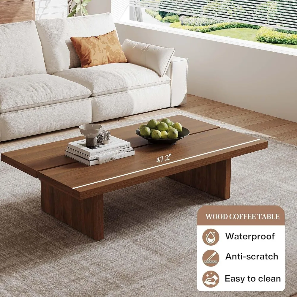 47-Inch Rectangular Coffee Table - Modern Understated Luxury Center Table for Living Room, Minimalist Walnut Grain Wood Coffee