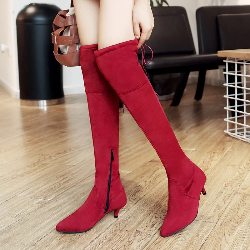 Stretch Slim Thigh High Boots Women Fashion Faxu Suede Low Heels Over the Knee Boots Female Large Size 45 46 Soft Long Shoes