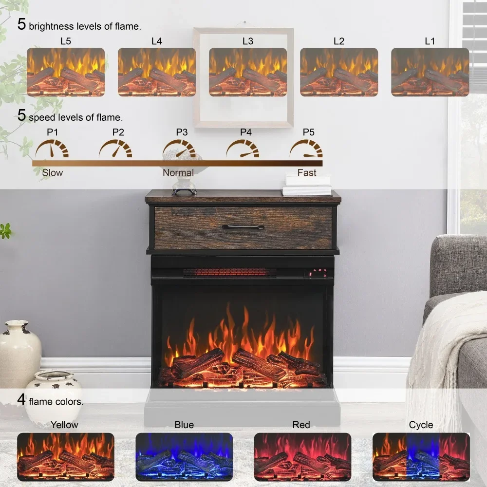 Electric Fireplace with 3-Sided Glass,End Table/Nightstand, Remote Control, Digital Display,1500W Heater, Electric Fireplace