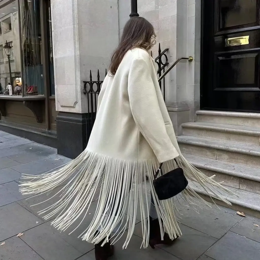 

Women's Elegant Loose Tassel Woolen Long Overcoat Pure Color Autumn Winter European American Style M6305