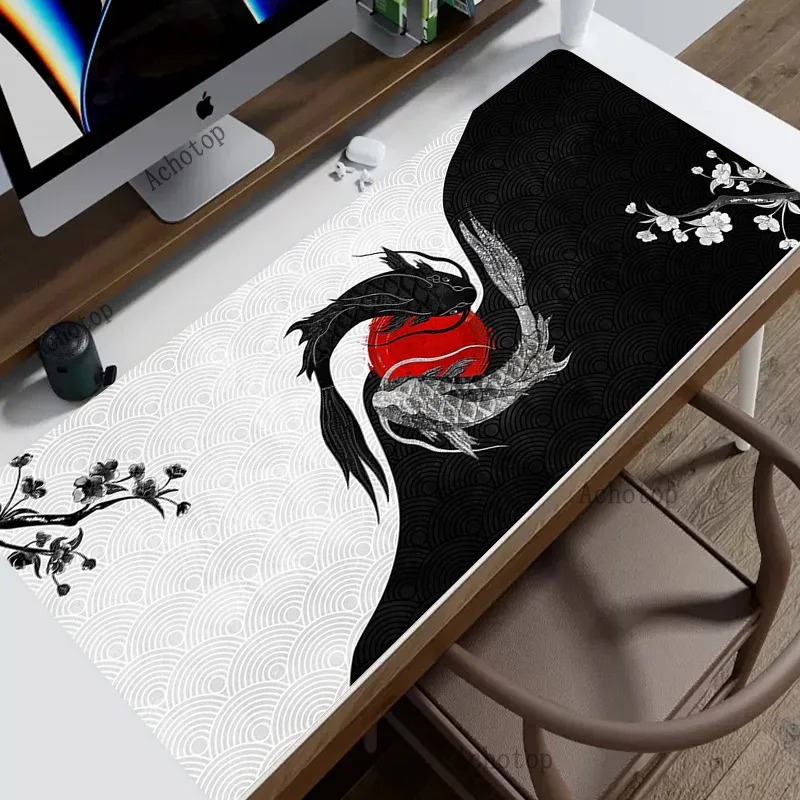 Imagem -04 - Mousepad de Jogo Preto e Branco Tapete Grande Almofadas de Mesa Sakura Antiderrapantes Tapetes Grandes do Teclado Escritório Peixe Xxl