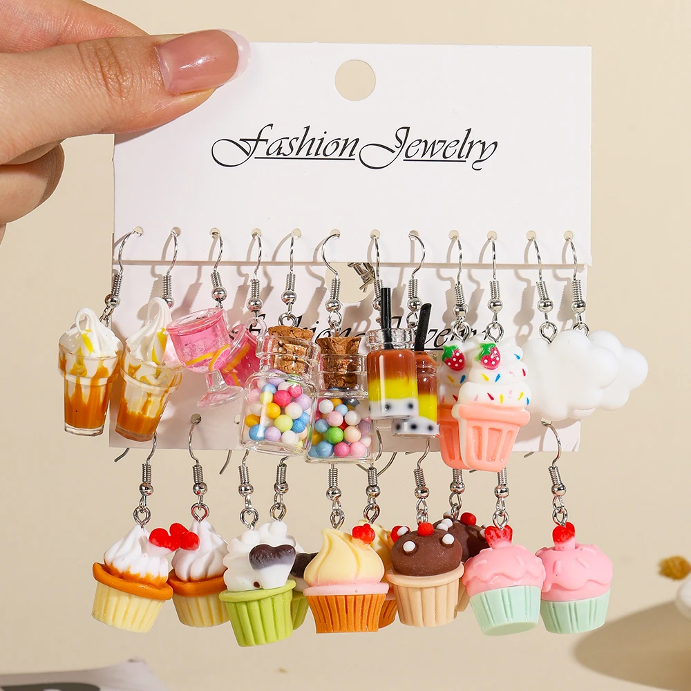 Colorful Resin Beach Earrings Combination Creative Imitation Cloud Flower Fruit Ice Cream Cake Romantic Sweet Pendant Earrings