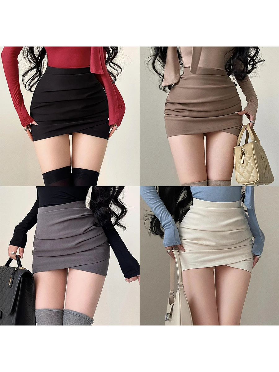 Pure Desire High Waist Slimming Short Skirt with Safety Pants Anti-Light Walking Sexy Folded Bodycon  Skirt for All Seasons