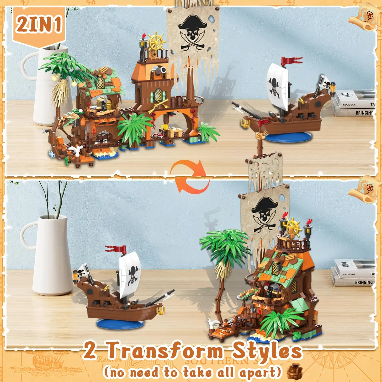 2 أنماط القراصنة جزيرة بنة مجموعة-833 قطعة تحويل القراصنة رصيف والسفينة الجذعية الطوب عدة الاطفال ألعاب إبداعية MOC 31002 #3