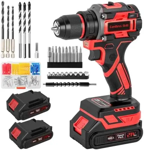 

21V Cordless Drill Set with 2 Batteries, Charger & 87PCS Tools