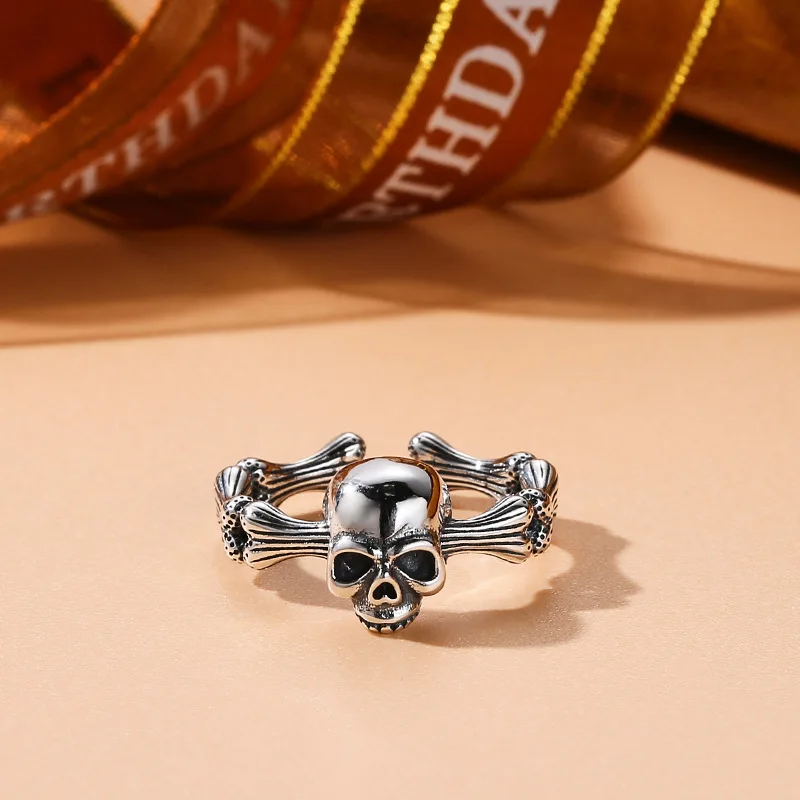 sterling silver skull bone ring men's trendy distressed Thai silver punk ring special-interest design hip hop ear accessories