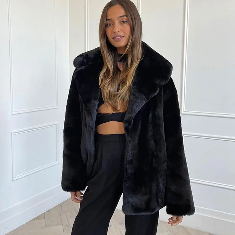 Chaqueta corta negra de piel sintética a la moda para mujer, abrigo de manga larga con botón frontal a presión, prendas de vestir exteriores para mujer, abrigo grueso con cuello de solapa elegante