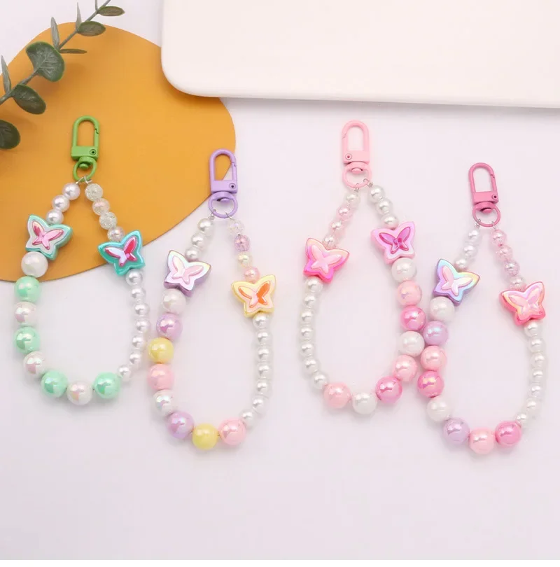 Fashion acrylic color  bow Pearl Car Keychain pendant Creative colorful beaded accessories Pack decoration