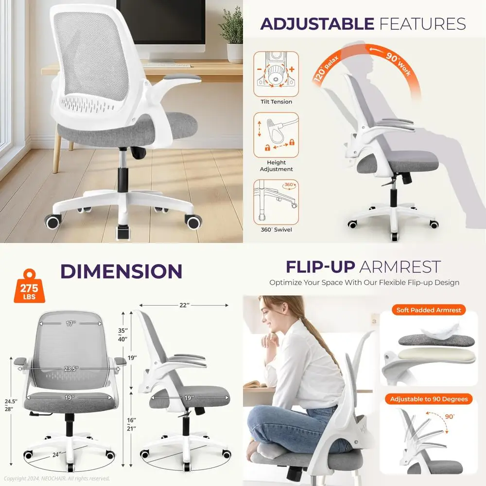 

Эргономичное офисное и игровое кресло с регулируемой высотой, поясничной опорой, поворотными колесами и откидными подлокотниками.