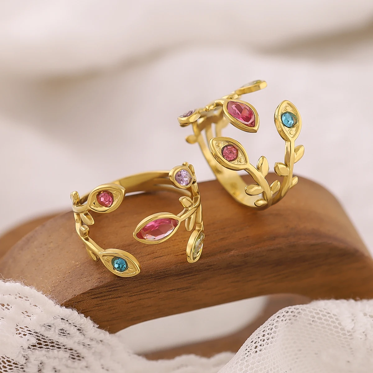 WILD & FREE Exquisite Luxury Crystal Stainless Steel Rings for Women 18K Gold Plated Chic Vintage Trendy Waterproof Jewelry view 3