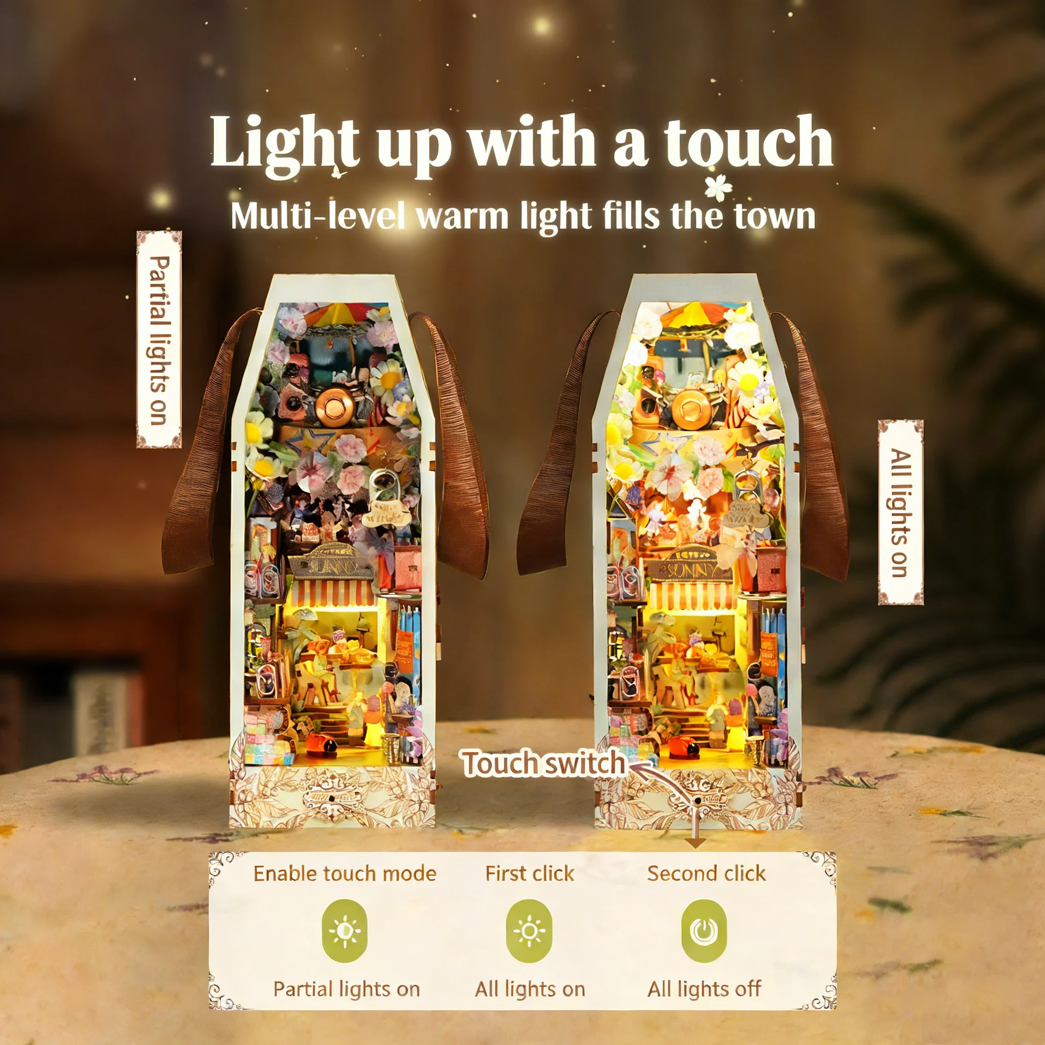 DIY Miniature Bookshelf Insert Model Kit, 413 PCS Micro-Scene with Touch Sensor Light & Dust Cover, 3D Puzzle Gift-Mini Town