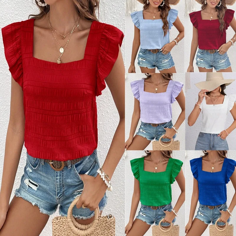 

Women's Shirt Summer Fashion Versatile Solid Color Square Neck Flying Sleeves Top Blouse Femme Blusa Verde Блузка Женская Белая