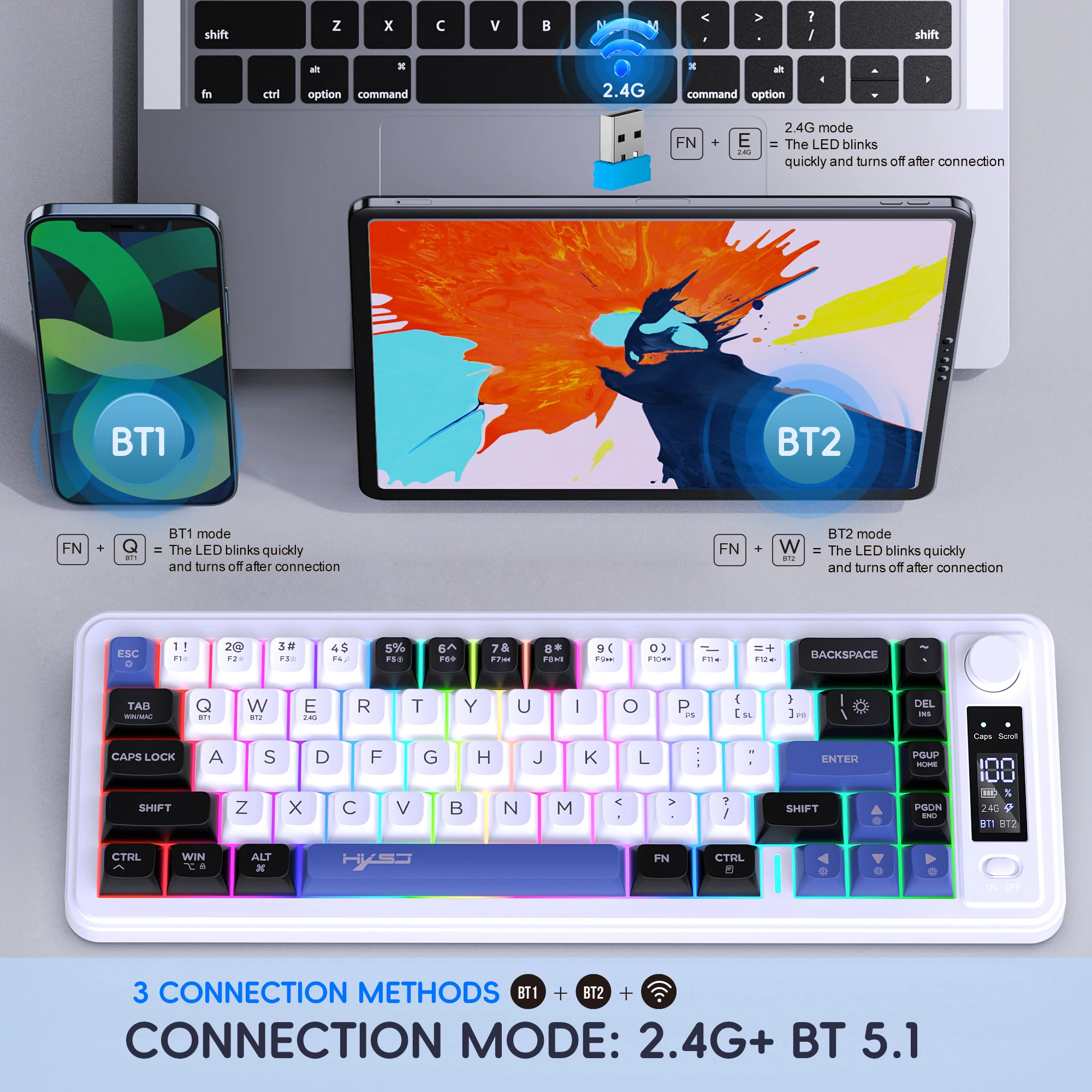 Teclado inalámbrico, perilla de volumen, teclado de modo dual compacto y portátil, perfecto para jugadores de PC/Mac y viajeros de negocios