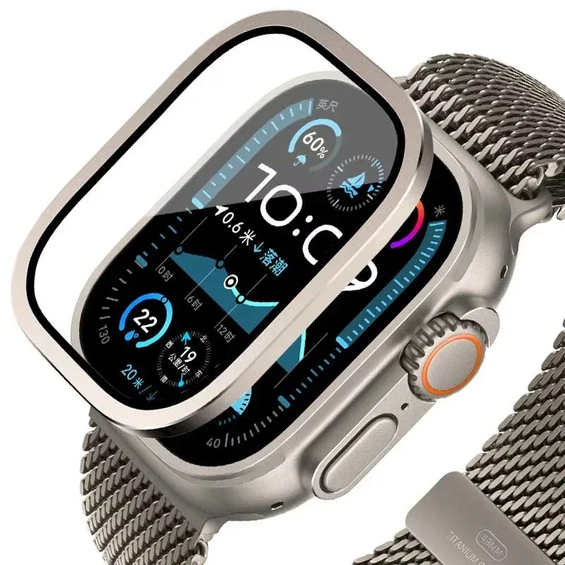 Protector de pantalla para Apple Watch Ultra 49mm, accesorios de carcasa, marco de cubierta de Metal + vidrio templado iWatch Ultra 3/2/1 anillo de bisel de 49mm