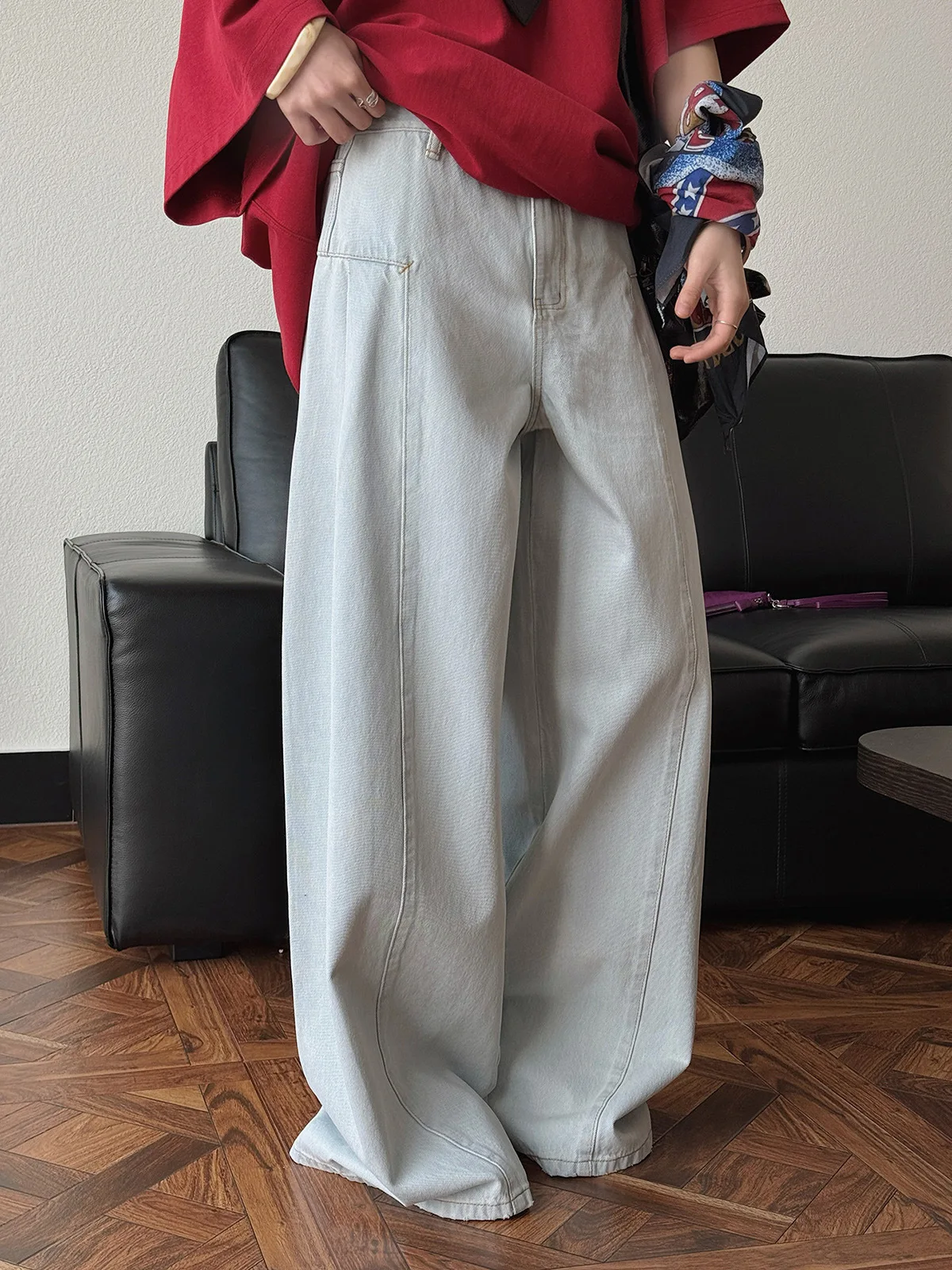 

Spring and Autumn Women's Casual Solid Color High Waist Loose Wide Leg Jeans