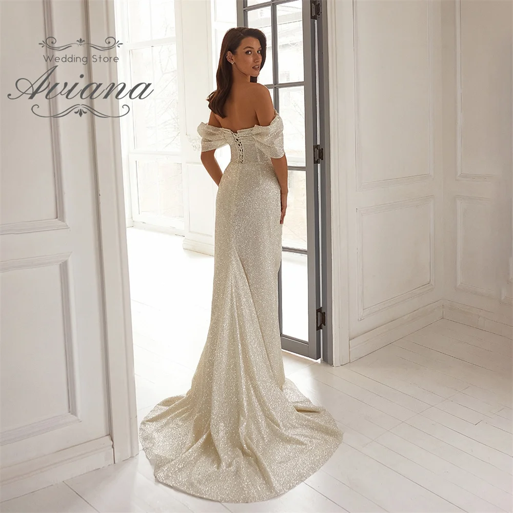 Aviana op maat gemaakte zeemeermin hoge split trouwjurk Court Trian off-the-shoulder boothals glanzend poeder sprankelend korset ruches