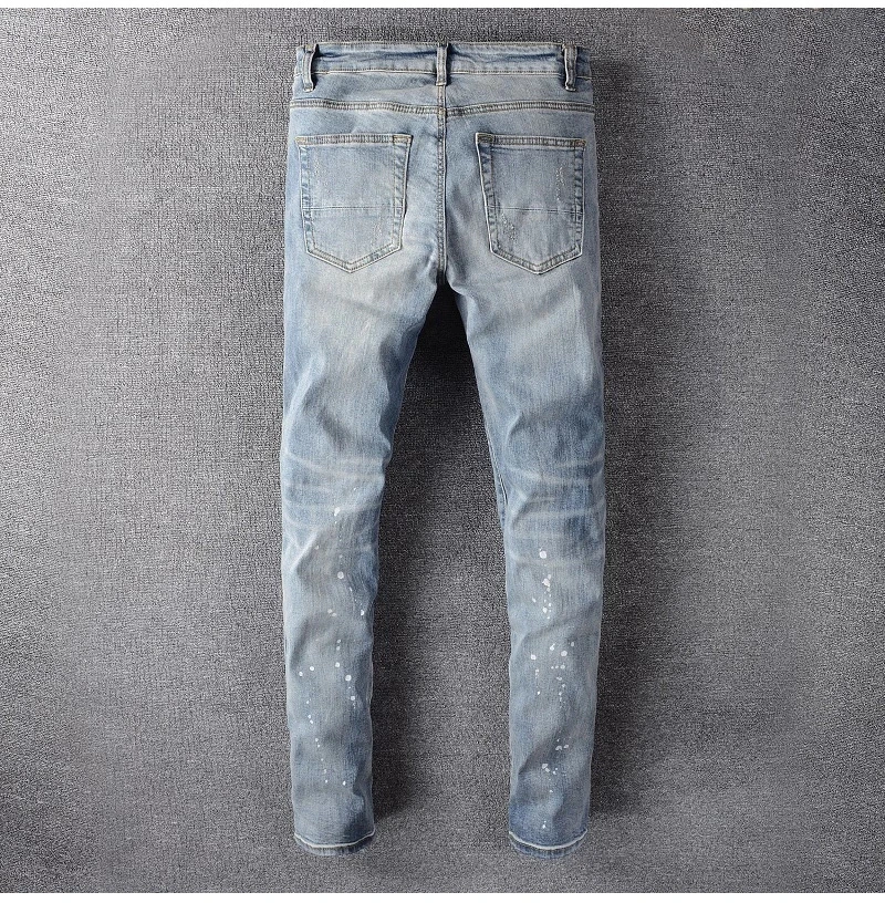 New Brand Men's Streetwear Crystal Ink Painted Ripped Jeans Fashion Light Blue Holes Skinny Stretch Denim Pencil Pants Trousers
