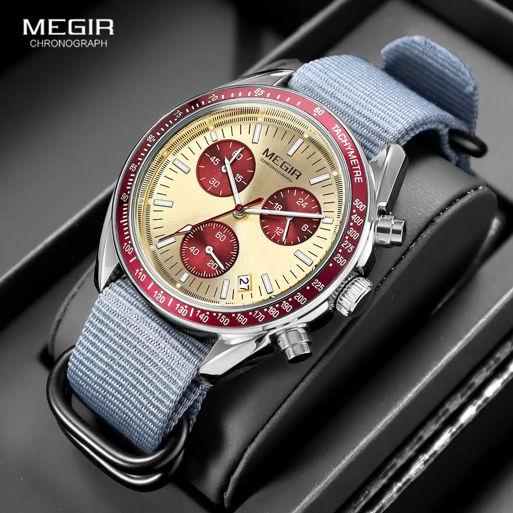 MEGIR New Men's Nylon Braided Strap Waterproof Night-light Sports Quartz Watch with Chronograph Fashion Triple-eye Wristwatch wi