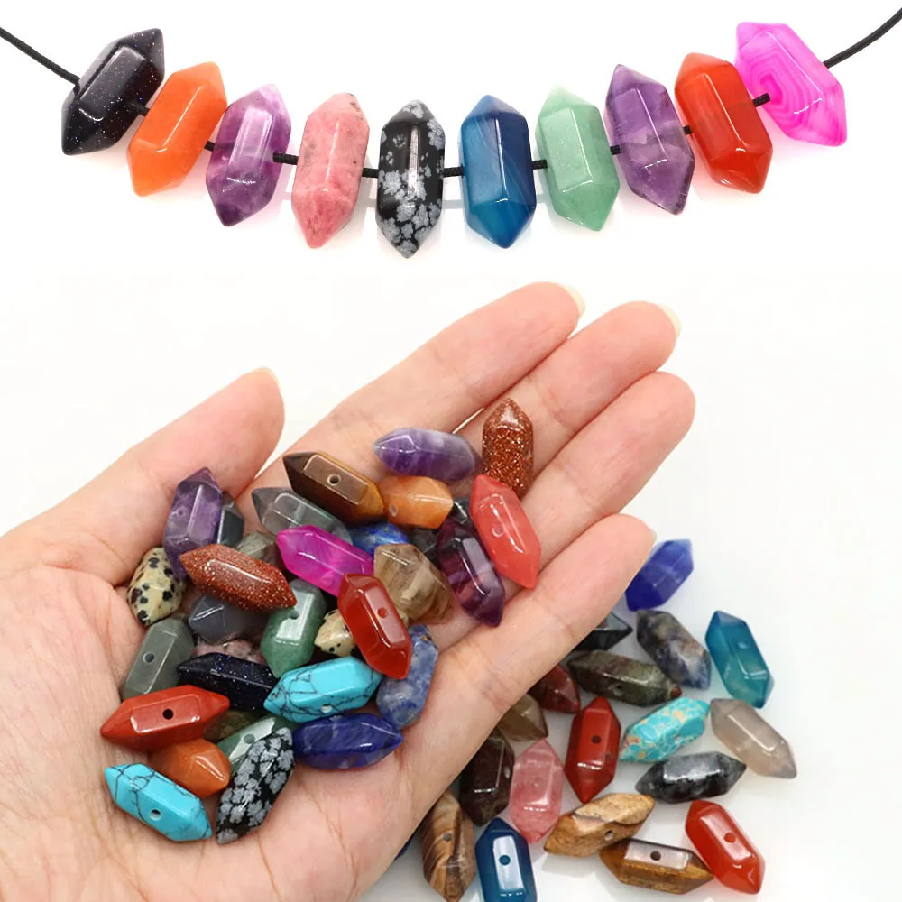 

Mini Hexagonal Prism Doubled Pointed Pendants With Middle Hole Natural Crystal Stone for DIY Charming Jewelry Making Accessories