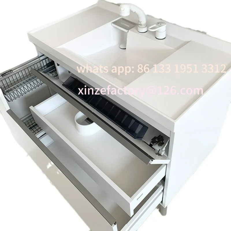 

Customizable high-end bathroom artificial stone inclined wash basin bathroom cabinet pull basket washbasin cabinet Japanese stor